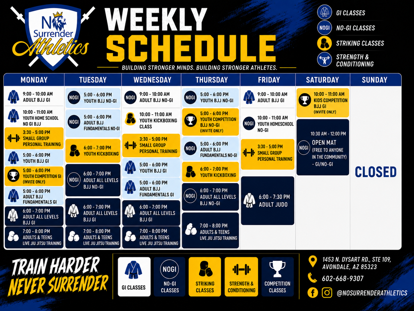 No Surrender Athletics BJJ, Kickboxing, Homeschool, jiu jitsu, wrestling, martial arts schedule in Avondale, Arizona